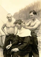 hpc-000096.jpg. Barber shop in operation. CCC (Civilian Conservation Corps) Camp No. 2, near Apgar, Montana, at the foot of Lake MacDonald, Glacier National Park.