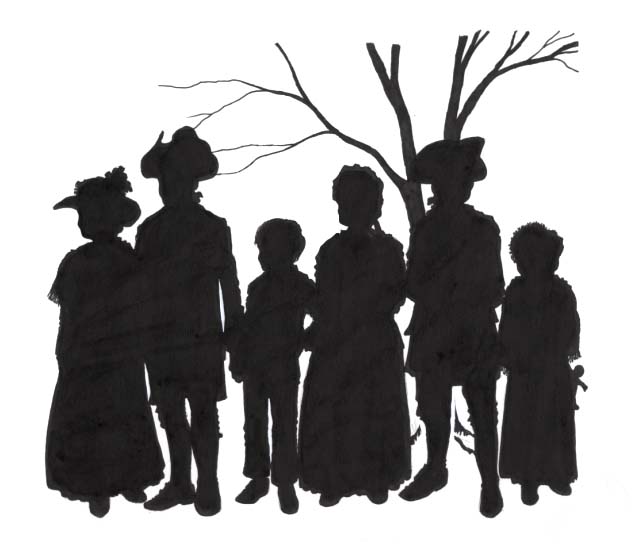 Silhouette of a six member family group representing the Digges family.