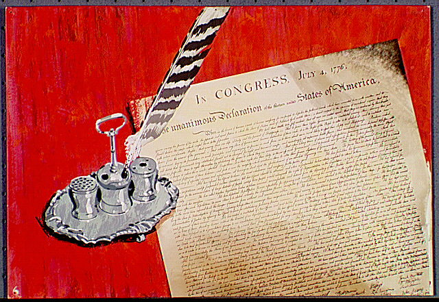 The Declaration of Independence with quill and ink stand.