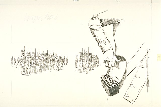 Scene depicts soldiers in the background standing in a variety of drill positions. Some are shown individually, some in groups. A group in the foreground is being inspected by an officer. Also included is a close-up of a cartridge box in use.