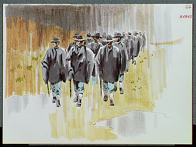 Soldiers walking through rain storm.