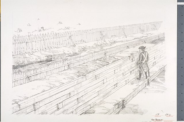 Conceptual illustration viewed from inside the town of Frederica showing a section of the completed town wall and moat earthworks in 1742.