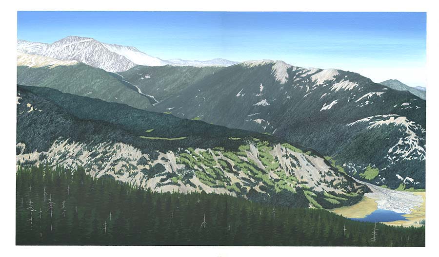 Oblique aerial view of Rocky Mountain National Park depicts the three ecosystems visible from the overlook: upper montane, subalpine, and alpine.