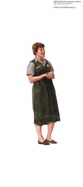 Female National Park Service (NPS) Ranger wearing a 1990s maternity jumper and shirt.