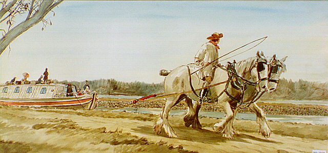 Canal boat being pulled by a two-horse team along the Champlain Canal. The canal followed the same natural north-south route chosen by British Lieutenant General John Burgoyne's invading army.