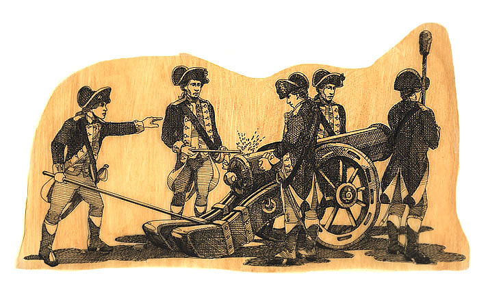 Illustration depicts a five-man artillery crew.