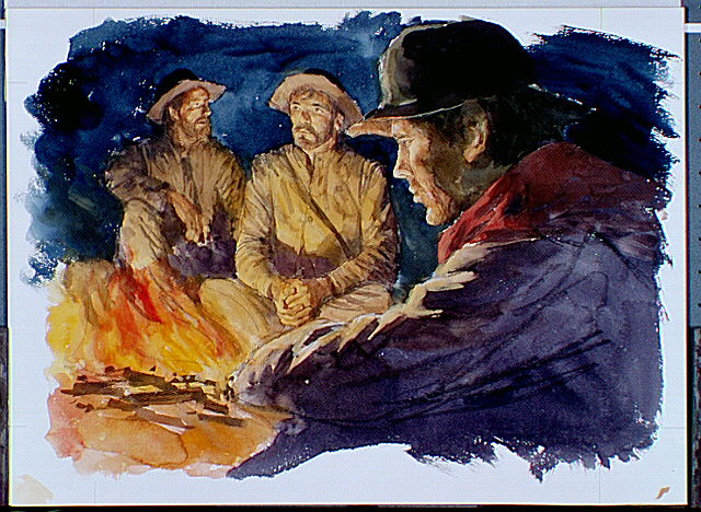 Three Confederates sitting around a campfire.