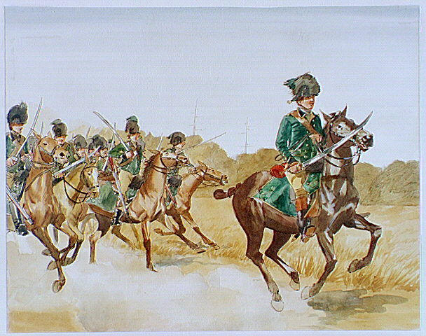 Tarleton's Legion cavalrymen with sabers drawn riding into battle.