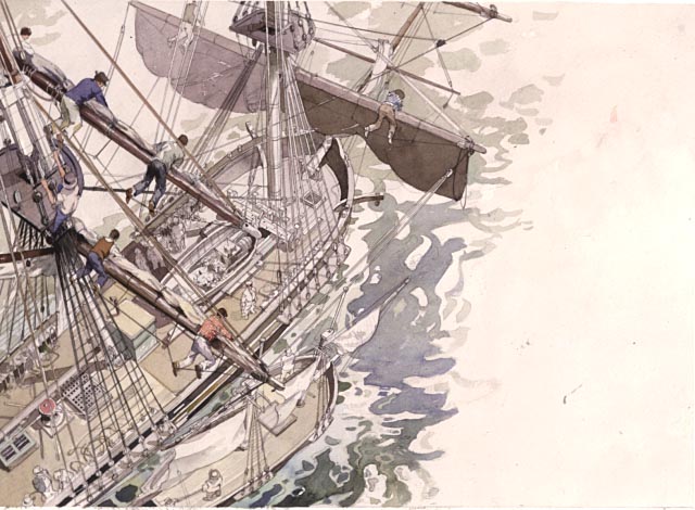 Scene depicts the deck of a ship from aloft.
