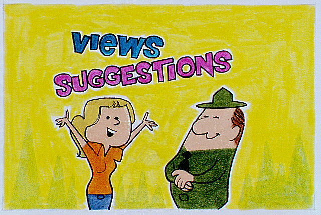 Woman giving a male National Park Service Ranger "Views and Suggestions" for the park.