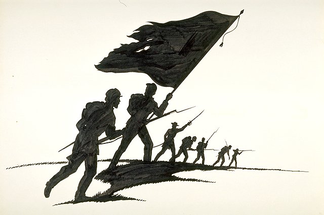 Silhouetted Civil War soldiers, including commander and flag bearer, crossing an open field.