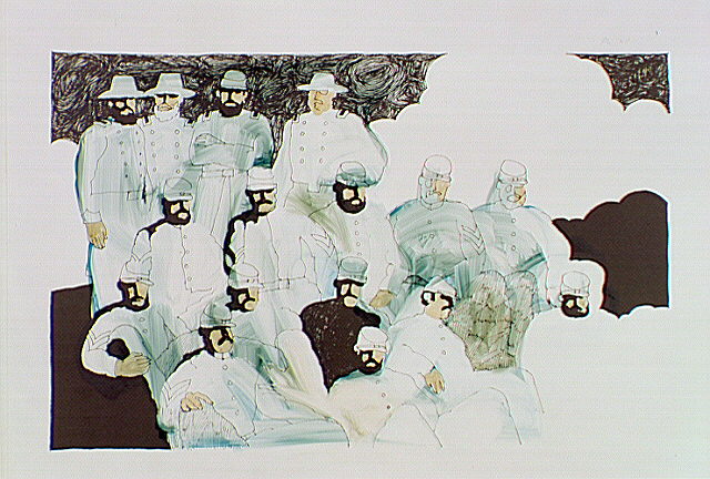 Formal pose of officers and men as if for a photograph.