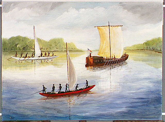 Two pirogues flanking larger sailing ship.