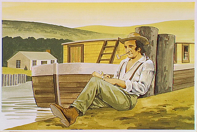 Man relaxing while whittling and smoking pipe beside canal boat.