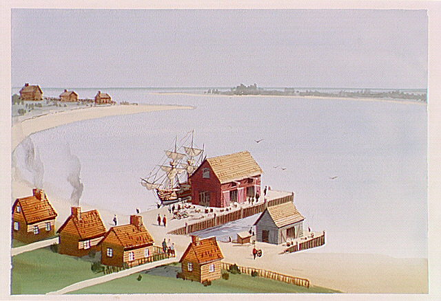 Aerial view of Salem Wharf in the early 1700's as seen from behind buildings.