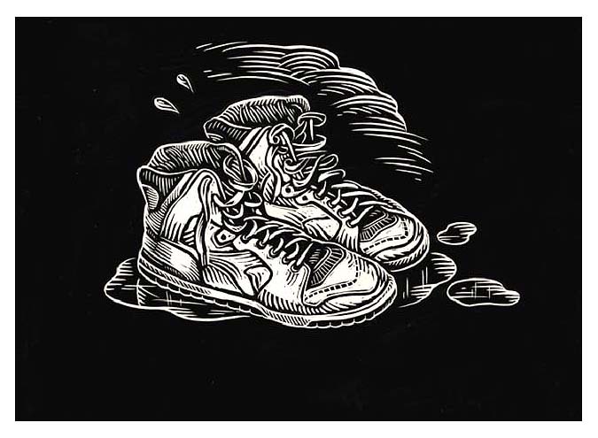 Pair of wet, soggy, hightop sneakers