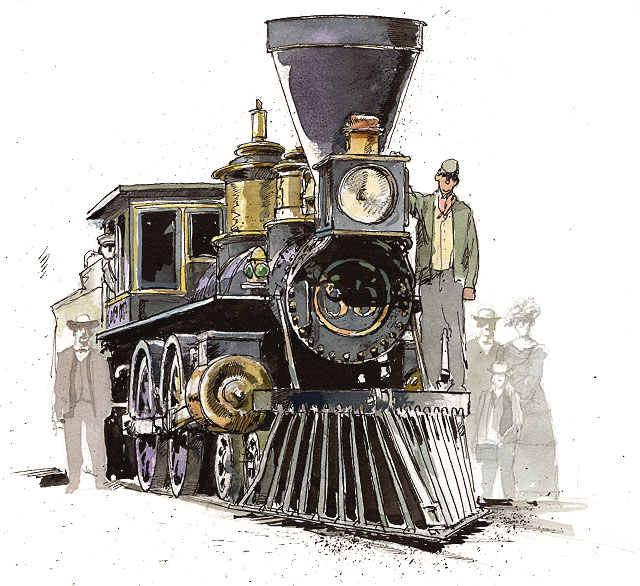 A steam locomotive of the 1850s.