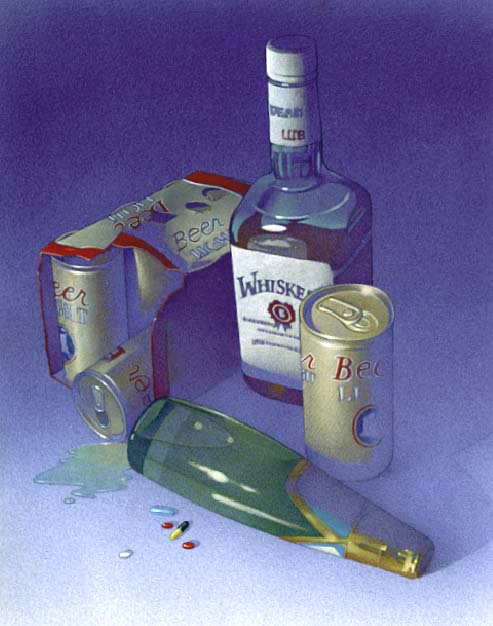 Illustration depicts alcohol and drugs.