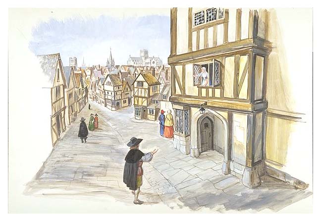 unidentified European city street scene with half timbered buildings.