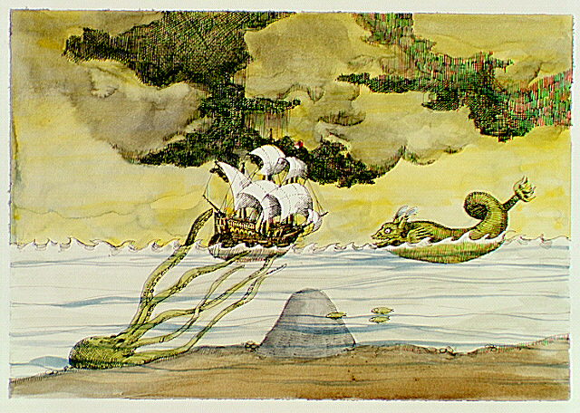 Scene depicts sea monsters attacking a sailing ship.