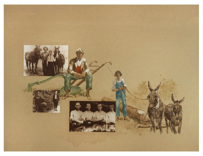 Photograph and illustration combination depicts the graphic history of the people of Cades Cove.