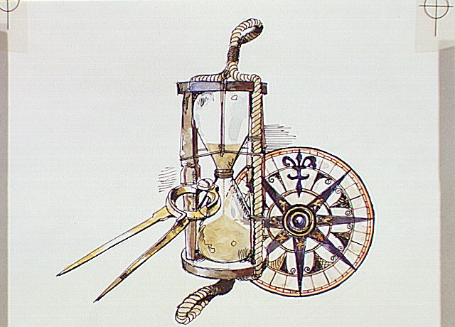 Instruments of navigation: an astrolabe, a compass, and an hourglass.