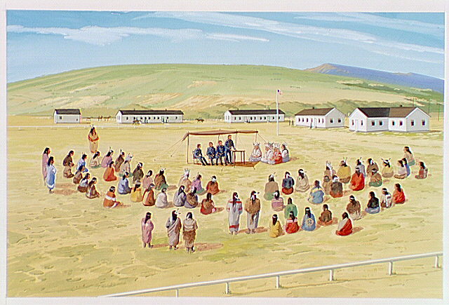 Nez Perce meeting with soldiers and representatives of the Commission at Fort Lapwai in 1876 to discuss removal of the Indians to a reservation.