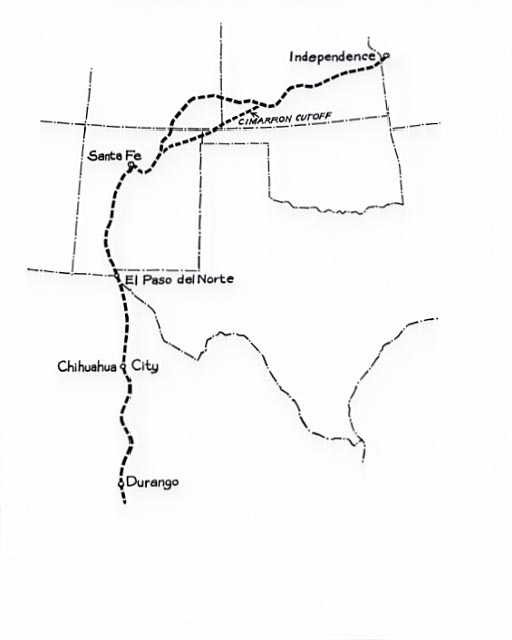 An inset illustration of the Santa Fe Trail showing the Cimarron Cutoff between Santa Fe, New Mexico and Independence, Missouri.