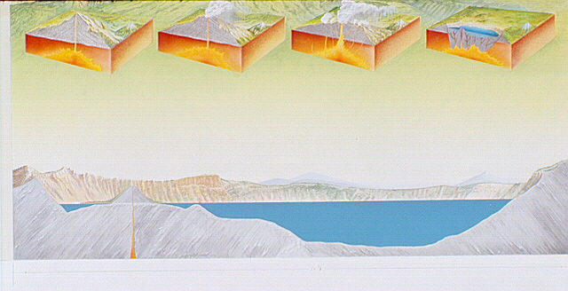 Detail of IMS #00807: a cross-section of Crater Lake, Wizard Island and the caldera’s rim reveals the deepest part of the lake at 1,943 feet. Crater Lake is the deepest lake in the United States and the second deepest in the Western Hemisphere.