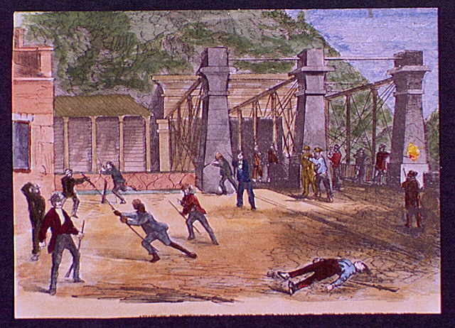 Raiders, townspeople, and members of the Jefferson Guards fighting at the Maryland B&O (Baltimore & Ohio) Railroad bridge. Illustration captioned "Attack of the insurgents at the bridge by the railroad men."