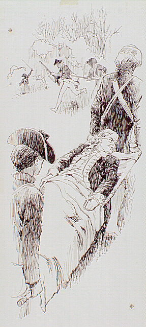 British Brigadier General Edward Stevens on litter being removed from battlefield as fighting continues.