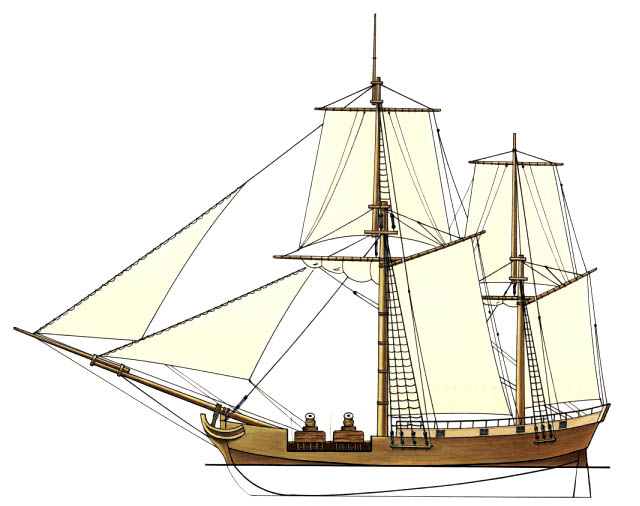 A British bomb Ketch (ship that had its foremast removed and its hull reinforced to accommodate one or two powerful mortars).