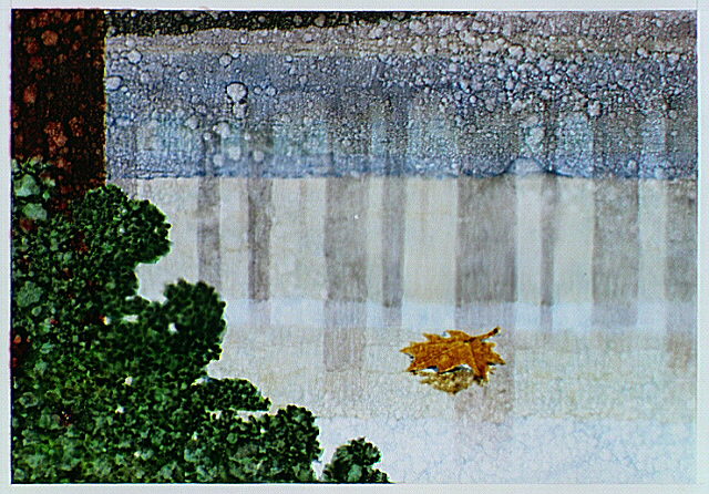Abstract winter scene with a leaf and evergreen