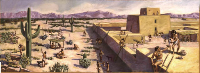 Conjectural prehistoric village scene of the Hohokam in the 14th century AD. Illustration depicts lifestyle activity of the Hohokam both within and outside the structure in a landscape typical of late June with morning light.