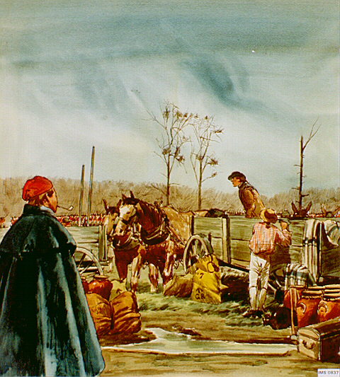 Civilian teamsters contracted by the British, many from Canada, began harnessing teams of horse and yoking pairs of oxen in Baggage Park to remove the artillery equipment left behind by Lieutenant General John Burgoyne's retreat.