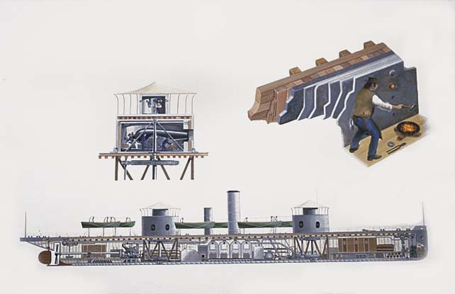 Longitudinal cross-section (cutaway) elevation of the monitor (turreted ironclad) "Monadnock" built at the Charlestown yard in 1862-1863.