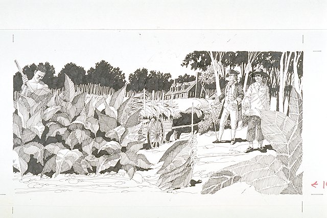 Plantation owner and overseer watching a slave working in a tobacco field. An ox-drawn wagon of tobacco is shown in background.