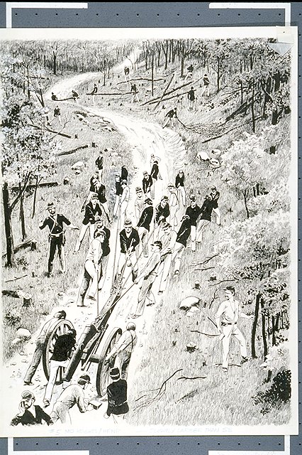 Soldiers cutting and clearing trees from Maryland Heights while others haul guns up the mountain road.