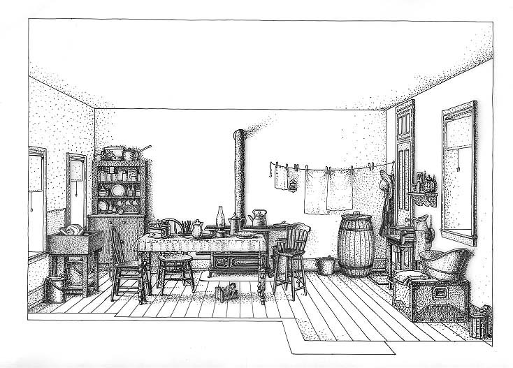 Interpretive Period: 1868-1878. Illustration depicts the kitchen.