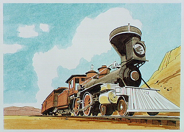 Steam locomotive pulling train through desert.