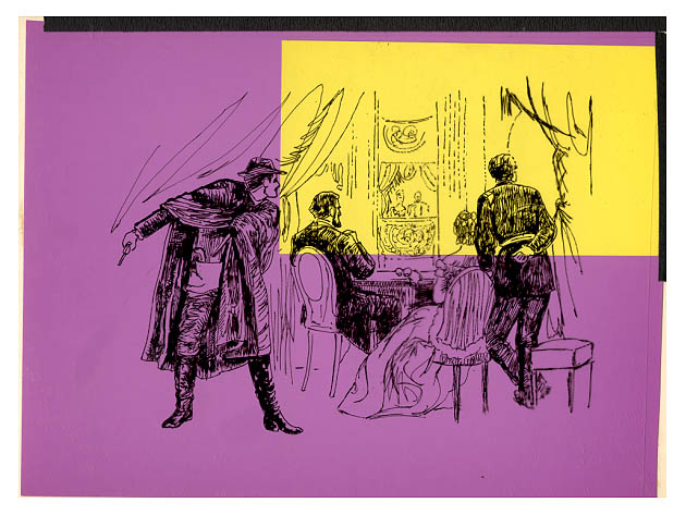 Multi-colored panels showing John Wilkes Booth, dressed in cloak holding a derringer and knife, about to assassinate Abraham Lincoln in Ford's Theatre.