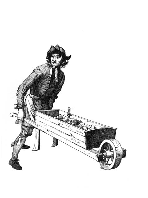 An 18th century peddler with a wheelbarrow filled with clams or oysters for sale.