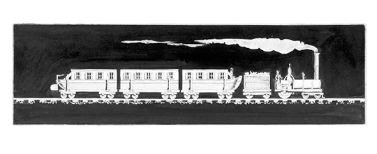 Steam engine with packet boats and burden cars.