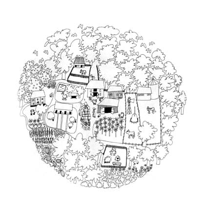 A stylized aerial view of Oxon Hill Farm, located within Oxon Cove Park in Maryland, shows the buildings and areas of the farm relative in size, but distorted in scale and distance.