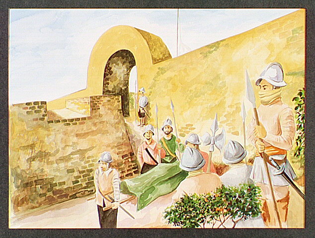 Spanish soldiers carrying a stretcher with dead outside of Castillo de San Cristobal.