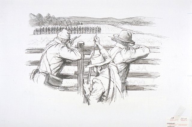 Second Battle of Manassas: scene depicts the first moments of the initial engagement of Second Manassas at the Brawner Farm (Groveton) between the Union's 2nd Wisconsin and 19th Indiana against Confederate Maj.