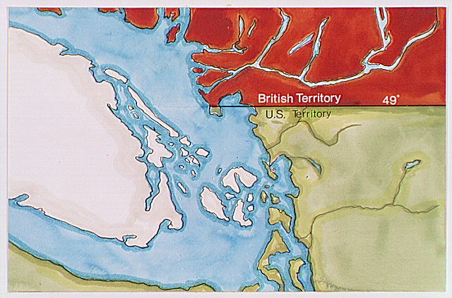 Map showing the 49th parallel as the dividing line between the United States territory to the south and the territory of Great Britain to the north. Vancouver's and San Juan Islands shown in white.