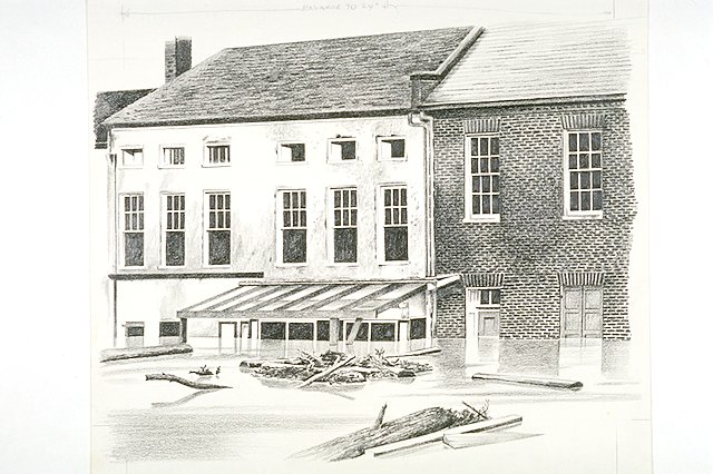 Scene shows a flood scene, possibly 1889, in Harpers Ferry, West Virginia on the west-side of Shenandoah Street, south of High Street.