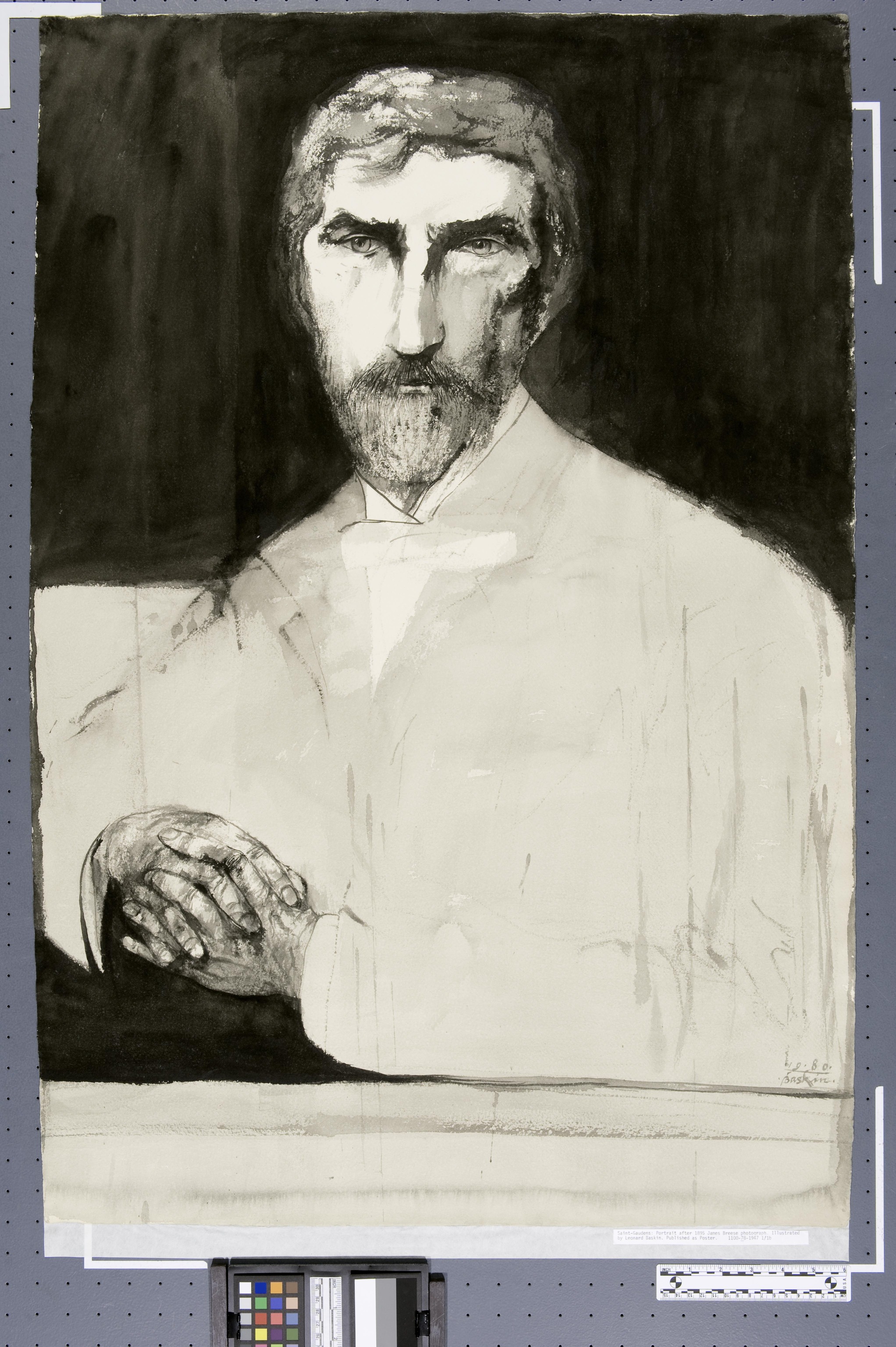 Portrait of Augustus Saint-Gaudens rendered to resemble an 1895 photograph by James Breese showing Saint-Gaudens clean-shaven. The pose is similar, but the artist Leonard Baskin added the ever-present beard associated with Saint-Gaudens' normal appearance.