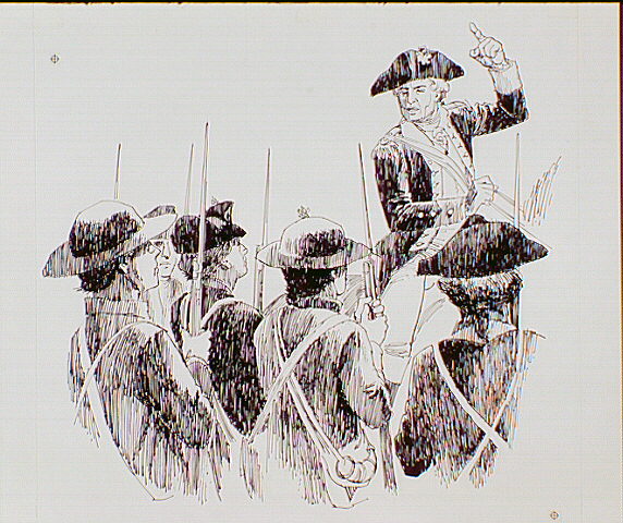 General Nathanael Greene, astride horse, riding the front line, exhorting North Carolina militia to do their duty (prior to British attack).